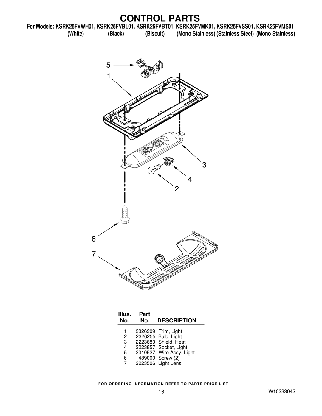 KitchenAid KSRK25FVBT01, KSRK25FVSS01, KSRK25FVBL01, KSRK25FVMS01, KSRK25FVMK01, KSRK25FVWH01 manual Control Parts 