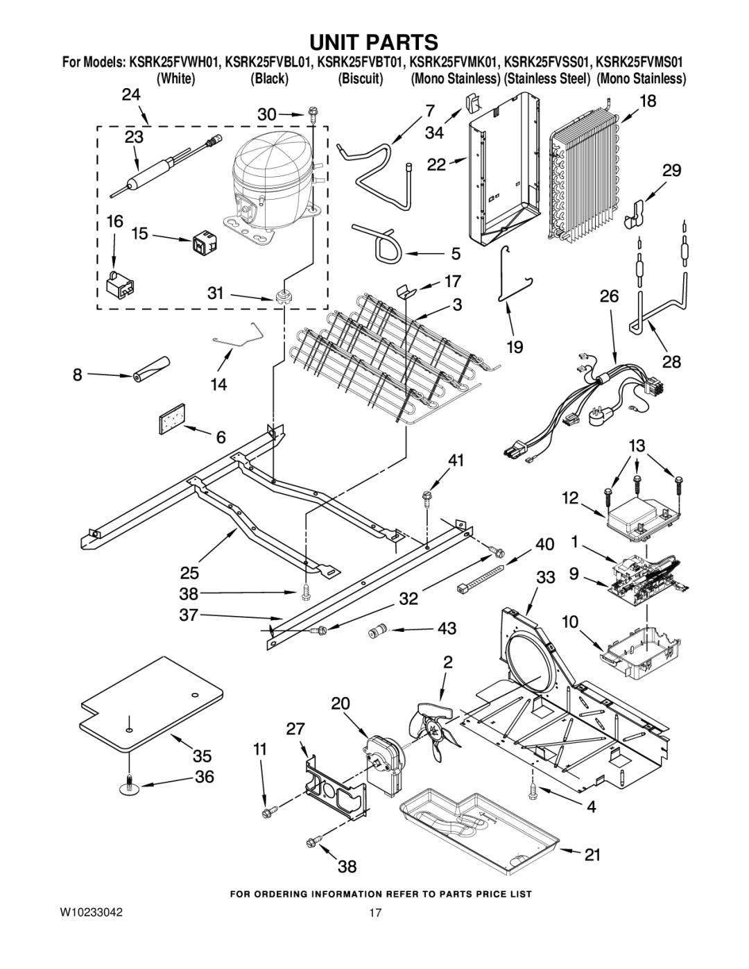 KitchenAid KSRK25FVWH01, KSRK25FVSS01, KSRK25FVBL01, KSRK25FVMS01, KSRK25FVMK01, KSRK25FVBT01 manual Unit Parts 