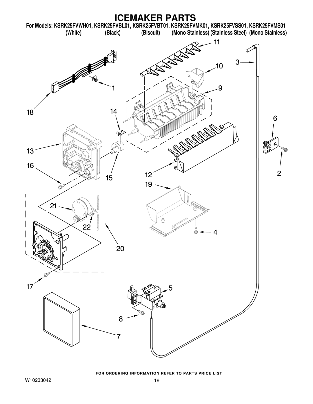 KitchenAid KSRK25FVBL01, KSRK25FVSS01, KSRK25FVMS01, KSRK25FVMK01, KSRK25FVBT01, KSRK25FVWH01 manual Icemaker Parts 