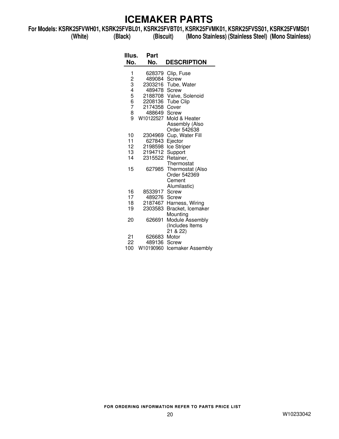 KitchenAid KSRK25FVMS01, KSRK25FVSS01, KSRK25FVBL01, KSRK25FVMK01, KSRK25FVBT01, KSRK25FVWH01 manual Illus Part No. Description 