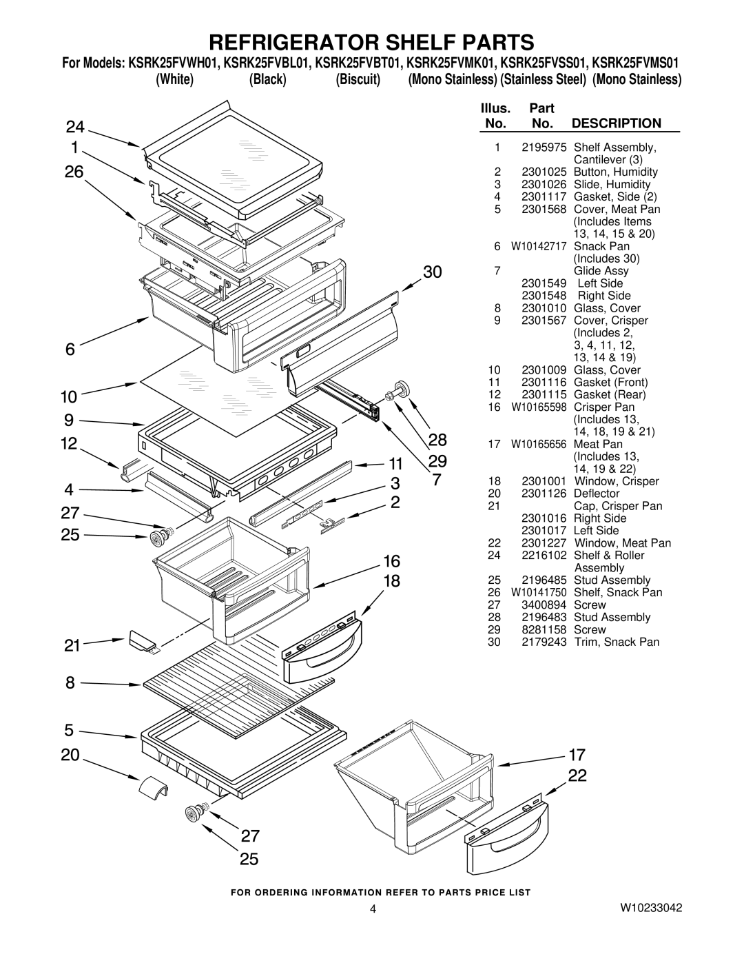 KitchenAid KSRK25FVBT01, KSRK25FVSS01, KSRK25FVBL01, KSRK25FVMS01, KSRK25FVMK01, KSRK25FVWH01 manual Refrigerator Shelf Parts 