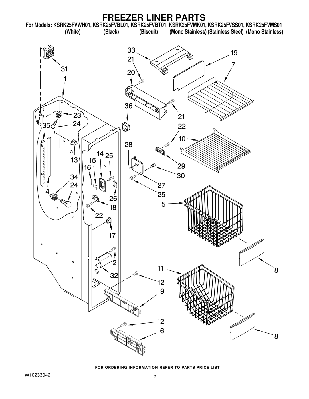 KitchenAid KSRK25FVWH01, KSRK25FVSS01, KSRK25FVBL01, KSRK25FVMS01, KSRK25FVMK01, KSRK25FVBT01 manual Freezer Liner Parts 