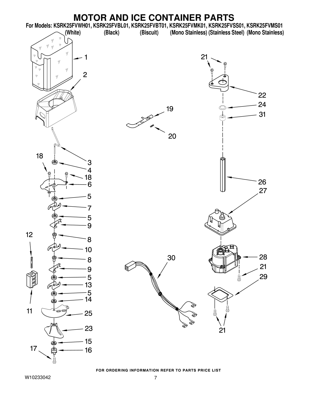 KitchenAid KSRK25FVBL01, KSRK25FVSS01, KSRK25FVMS01, KSRK25FVMK01, KSRK25FVBT01, KSRK25FVWH01 Motor and ICE Container Parts 