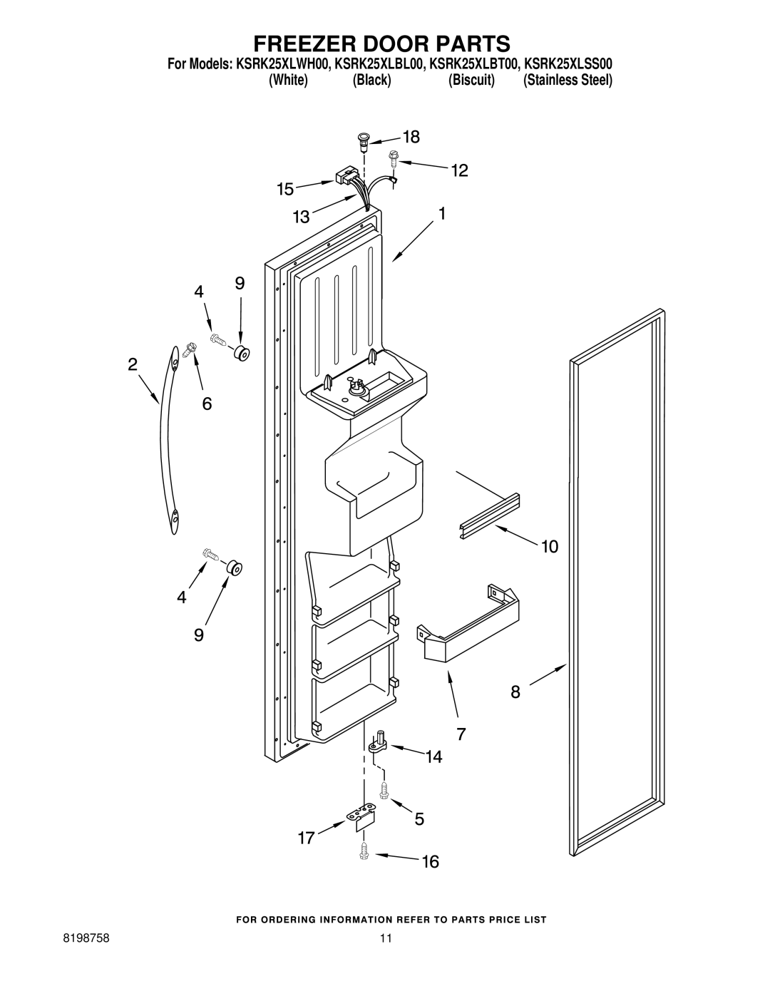 KitchenAid KSRK25XLBL00, KSRK25XLSS00, KSRK25XLBT00, KSRK25XLWH00 manual Freezer Door Parts 