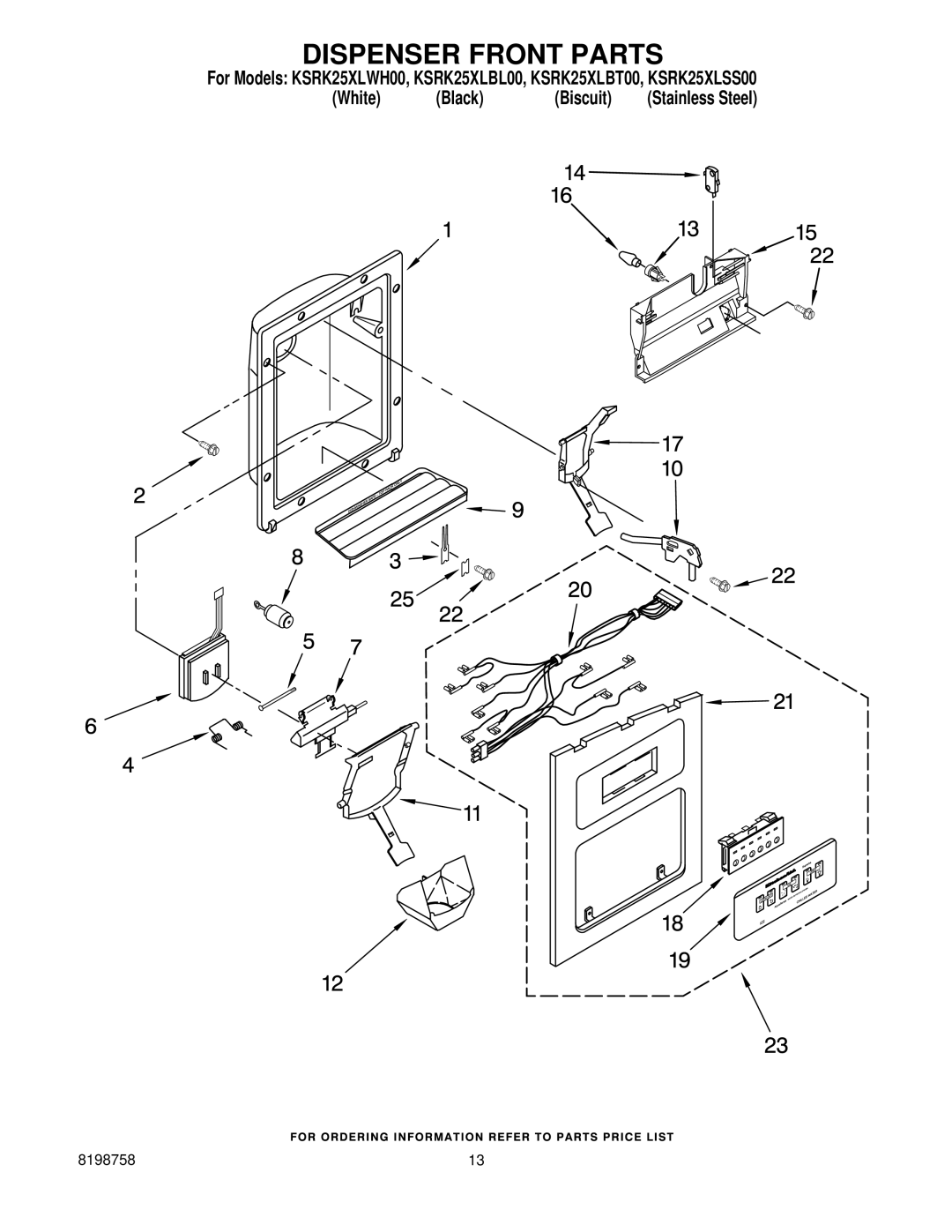 KitchenAid KSRK25XLBT00, KSRK25XLSS00, KSRK25XLWH00, KSRK25XLBL00 manual Dispenser Front Parts 