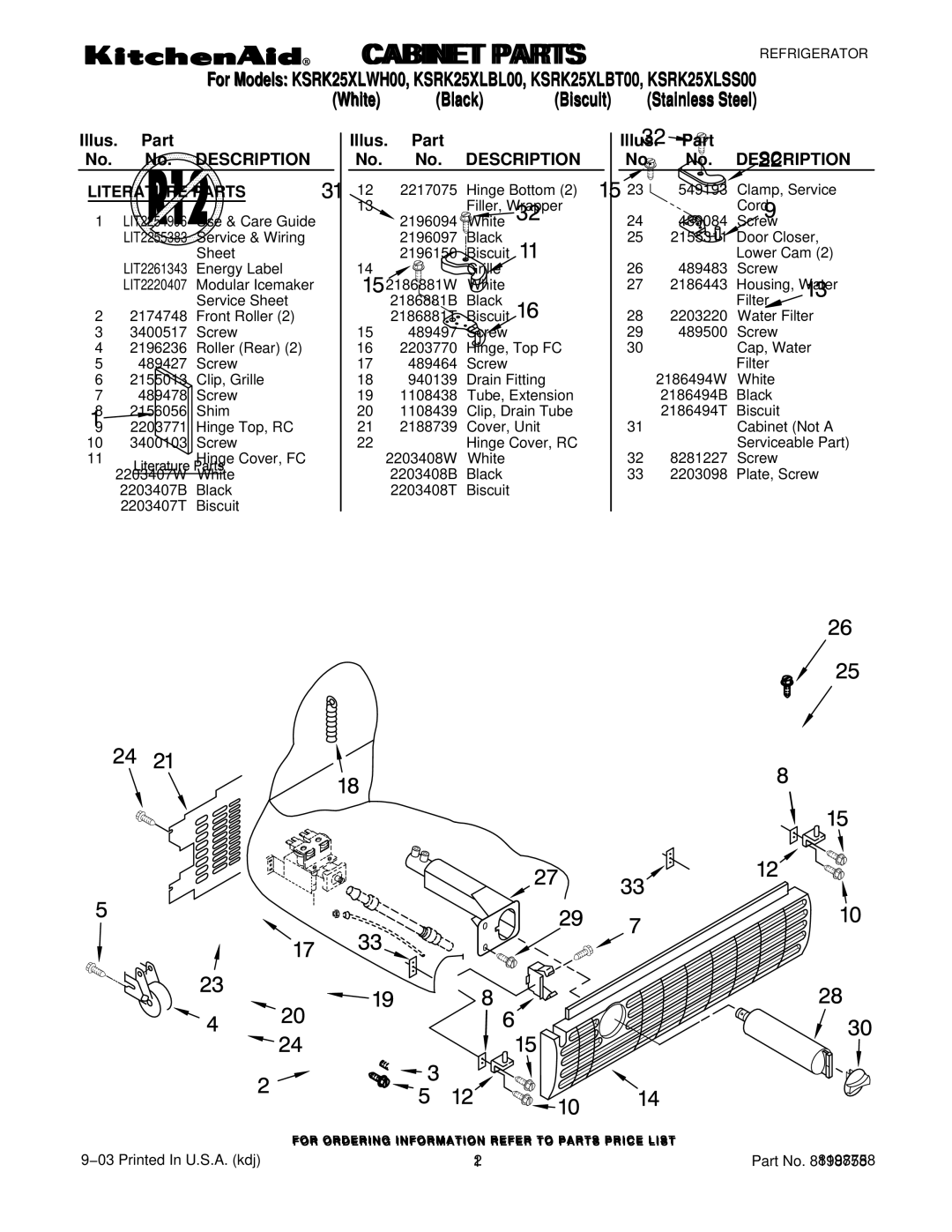 KitchenAid KSRK25XLWH00, KSRK25XLSS00, KSRK25XLBT00, KSRK25XLBL00 manual Cabinet Parts 