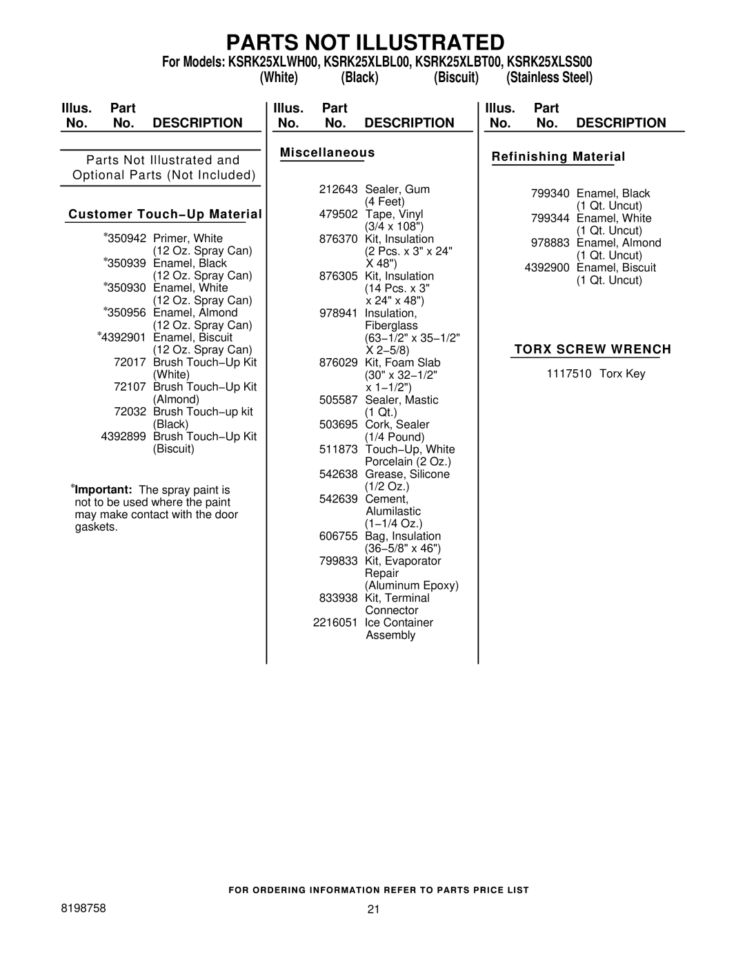 KitchenAid KSRK25XLBT00, KSRK25XLSS00, KSRK25XLWH00, KSRK25XLBL00 manual Parts not Illustrated, Customer Touch−Up Material 