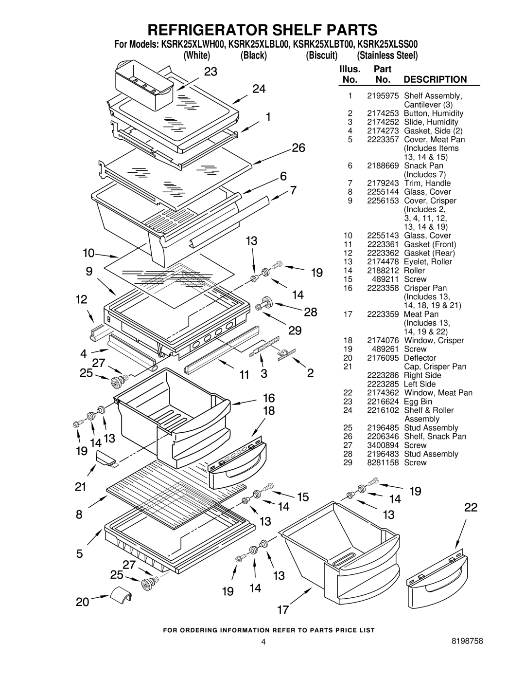 KitchenAid KSRK25XLSS00, KSRK25XLBT00, KSRK25XLWH00, KSRK25XLBL00 manual Refrigerator Shelf Parts 