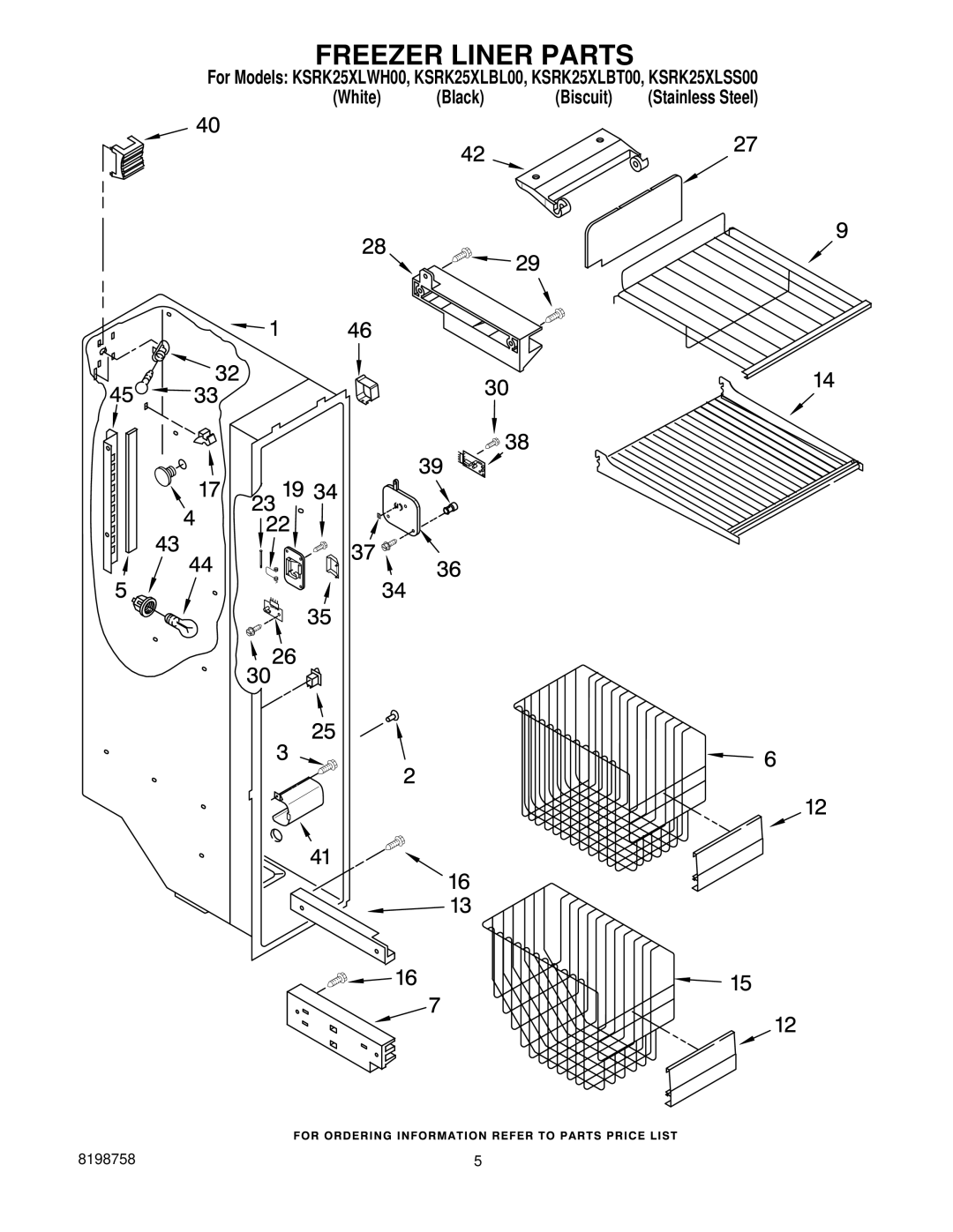 KitchenAid KSRK25XLBT00, KSRK25XLSS00, KSRK25XLWH00, KSRK25XLBL00 manual Freezer Liner Parts 