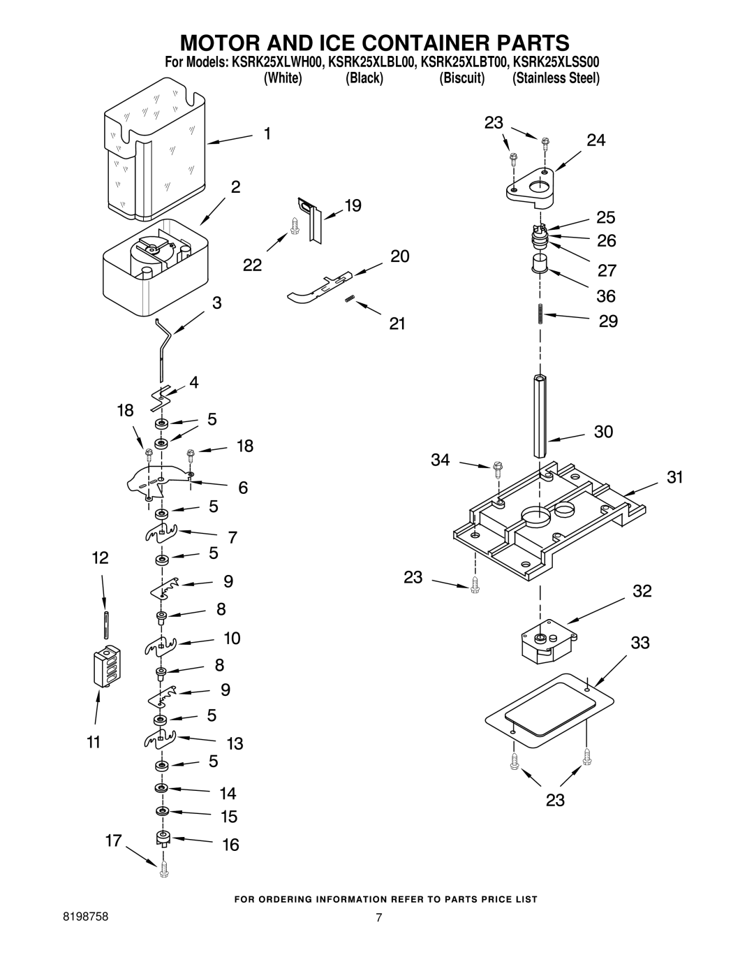 KitchenAid KSRK25XLBL00, KSRK25XLSS00, KSRK25XLBT00, KSRK25XLWH00 manual Motor and ICE Container Parts 