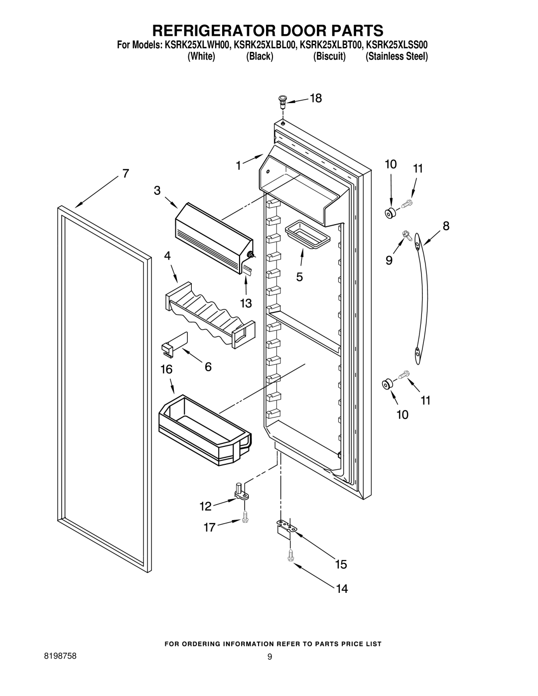 KitchenAid KSRK25XLBT00, KSRK25XLSS00, KSRK25XLWH00, KSRK25XLBL00 manual Refrigerator Door Parts 