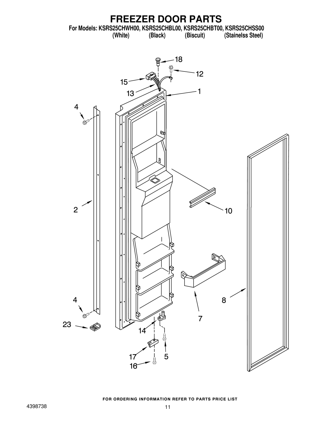 KitchenAid KSRS25CHBL00, KSRS25CHSS00, KSRS25CHBT00, KSRS25CHWH00 manual Freezer Door Parts 