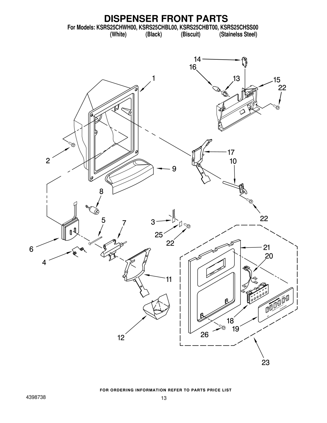 KitchenAid KSRS25CHBT00, KSRS25CHSS00, KSRS25CHWH00, KSRS25CHBL00 manual Dispenser Front Parts 