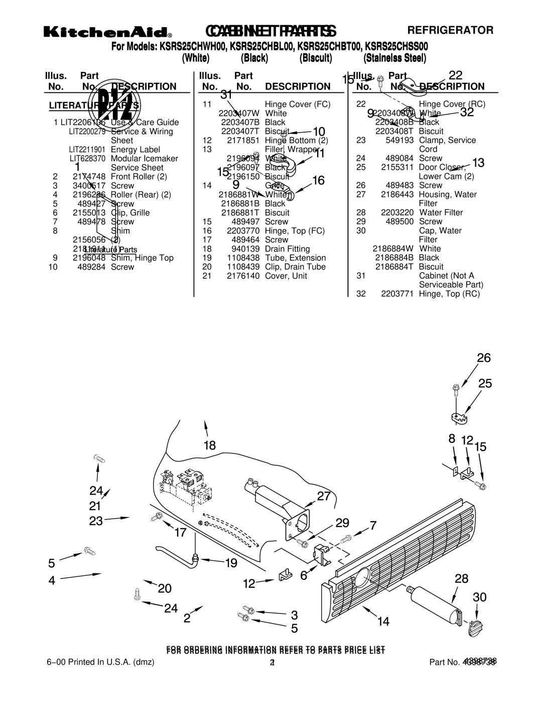 KitchenAid KSRS25CHWH00, KSRS25CHSS00, KSRS25CHBT00, KSRS25CHBL00 manual Literature Parts 