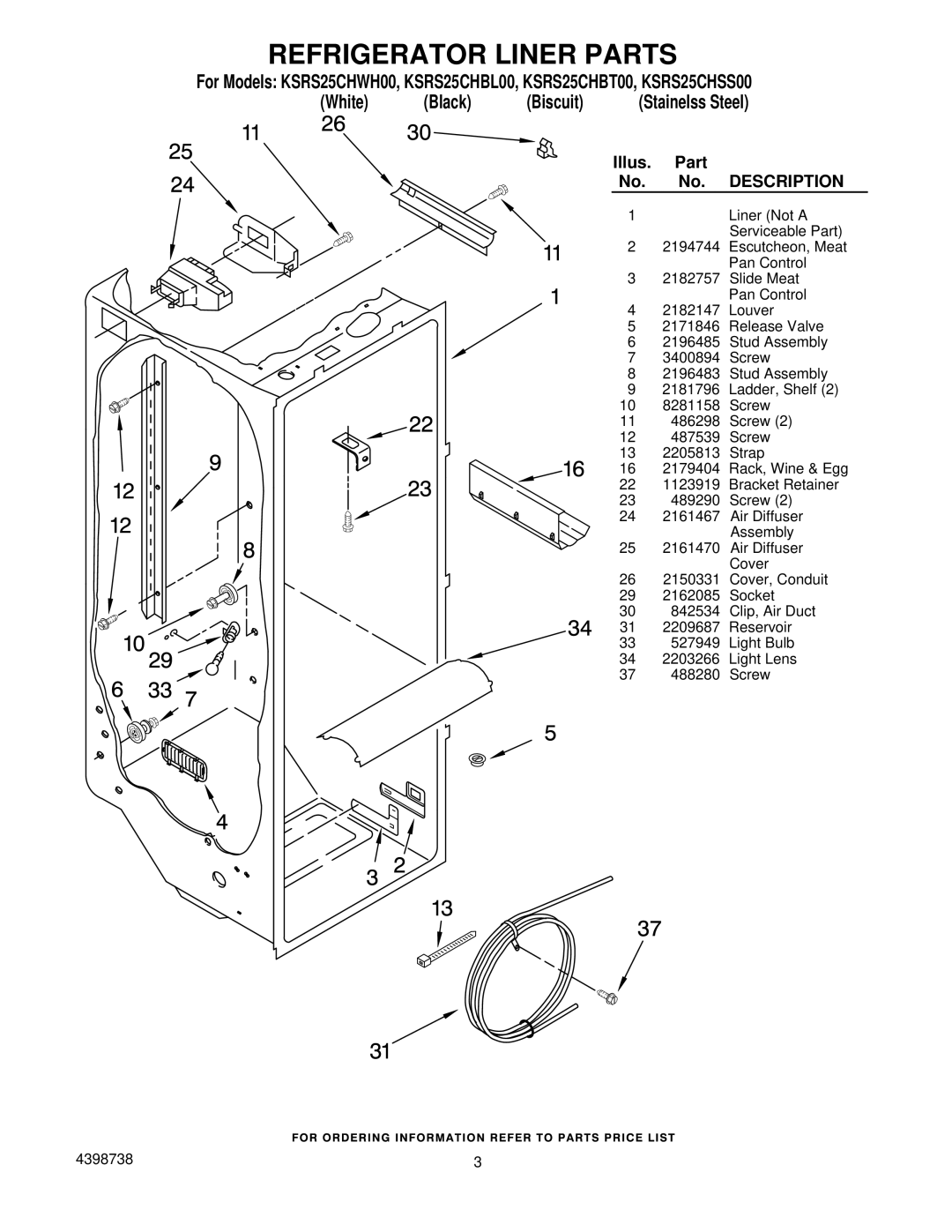 KitchenAid KSRS25CHBL00, KSRS25CHSS00, KSRS25CHBT00, KSRS25CHWH00 manual Refrigerator Liner Parts, Description 