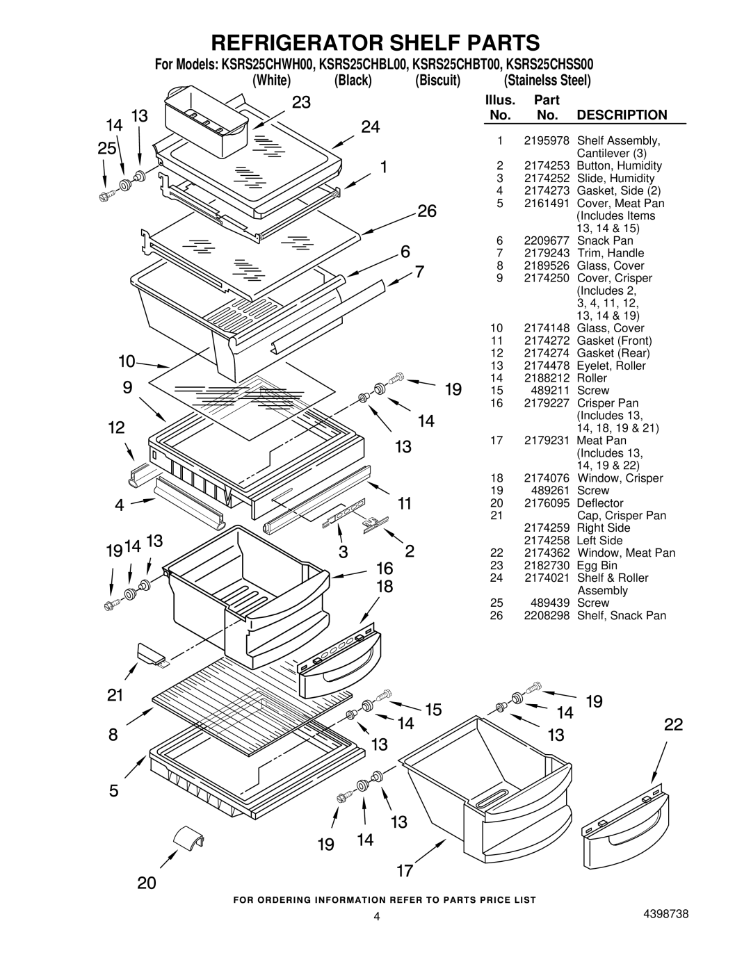 KitchenAid KSRS25CHSS00, KSRS25CHBT00, KSRS25CHWH00, KSRS25CHBL00 manual Refrigerator Shelf Parts 