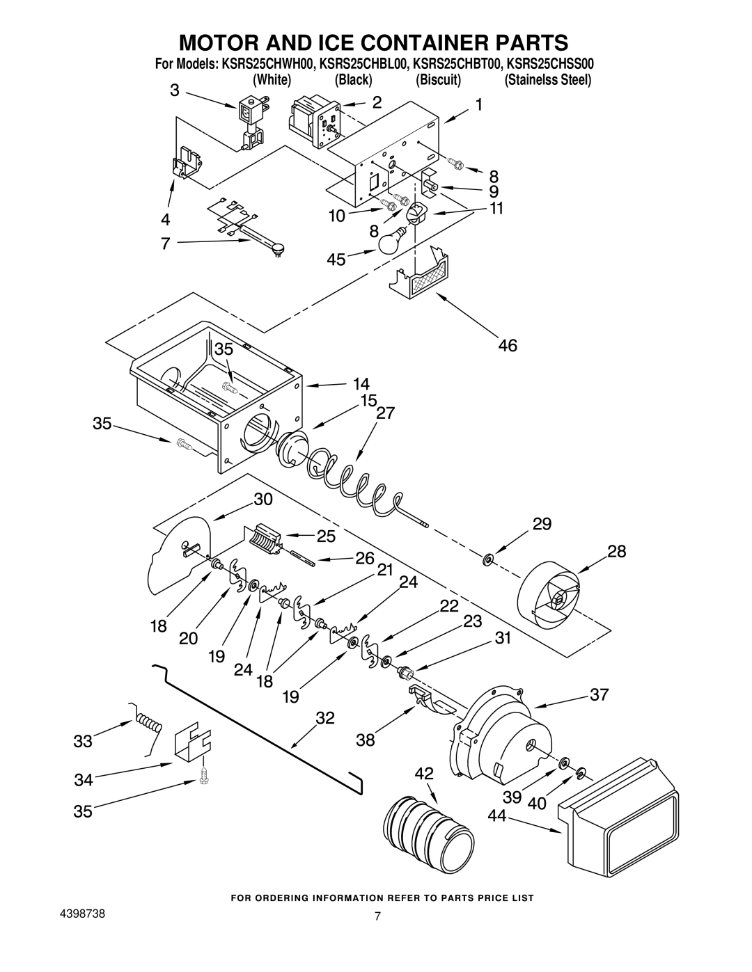 KitchenAid KSRS25CHBL00, KSRS25CHSS00, KSRS25CHBT00, KSRS25CHWH00 manual Motor and ICE Container Parts 