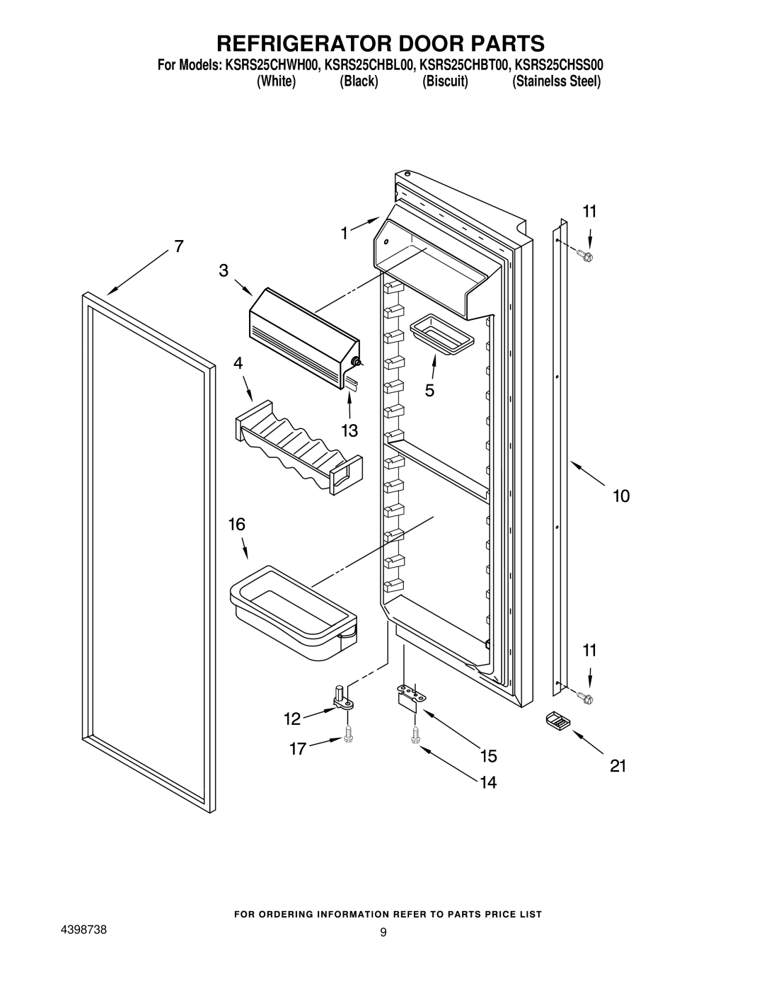 KitchenAid KSRS25CHBT00, KSRS25CHSS00, KSRS25CHWH00, KSRS25CHBL00 manual Refrigerator Door Parts 