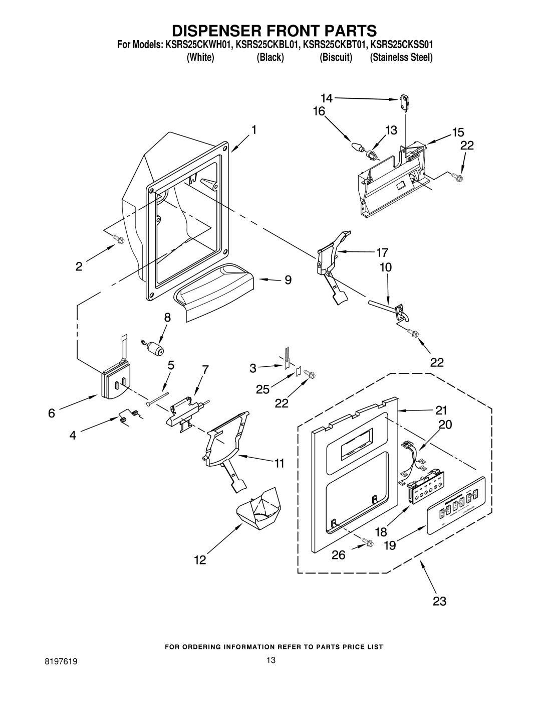 KitchenAid KSRS25CKSS01, KSRS25CKBT01, KSRS25CKBL01, KSRS25CKWH01 manual Dispenser Front Parts 