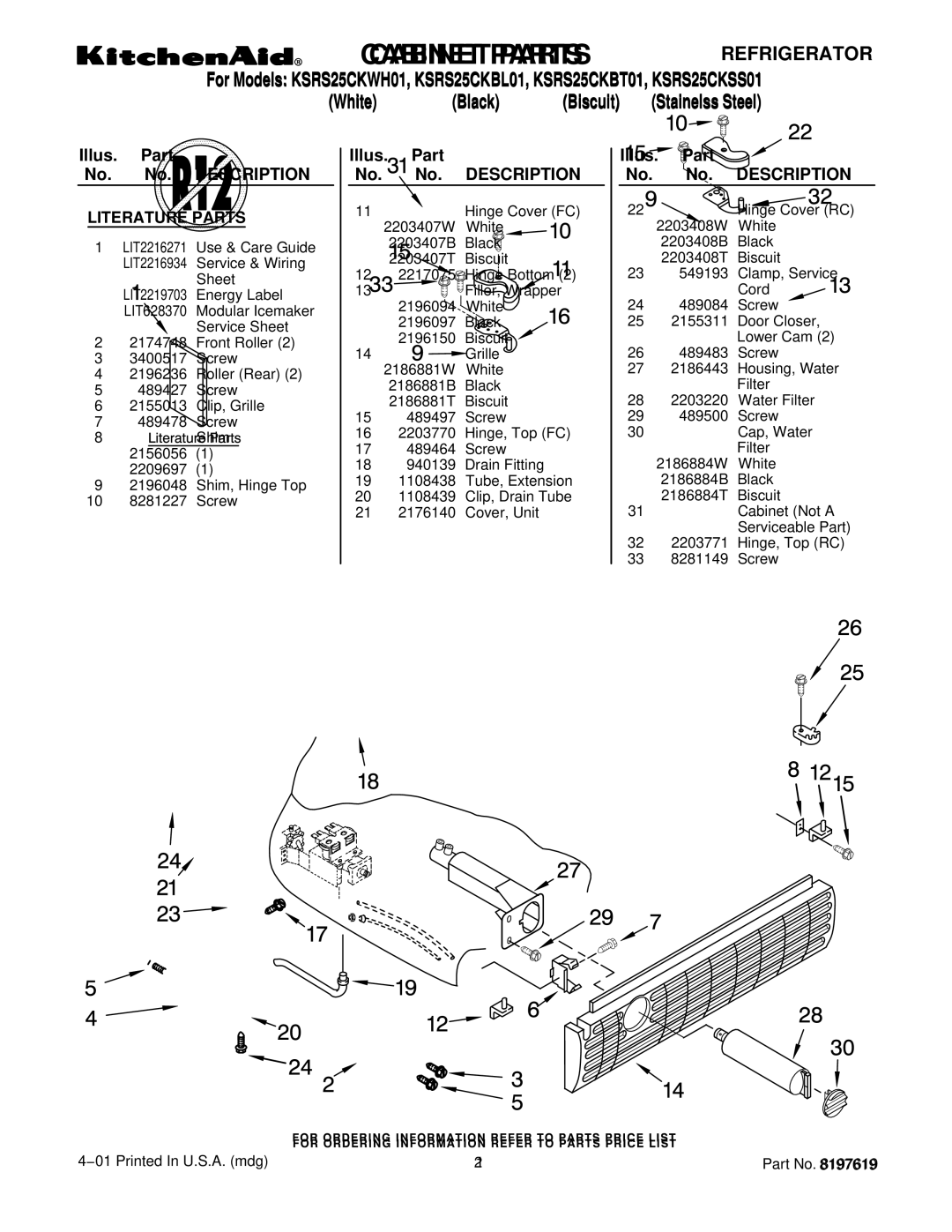 KitchenAid KSRS25CKBL01, KSRS25CKBT01, KSRS25CKSS01, KSRS25CKWH01 manual Literature Parts 