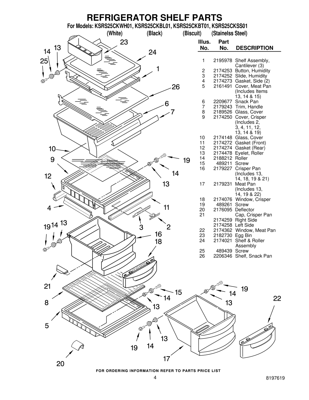 KitchenAid KSRS25CKBT01, KSRS25CKSS01, KSRS25CKBL01, KSRS25CKWH01 manual Refrigerator Shelf Parts 