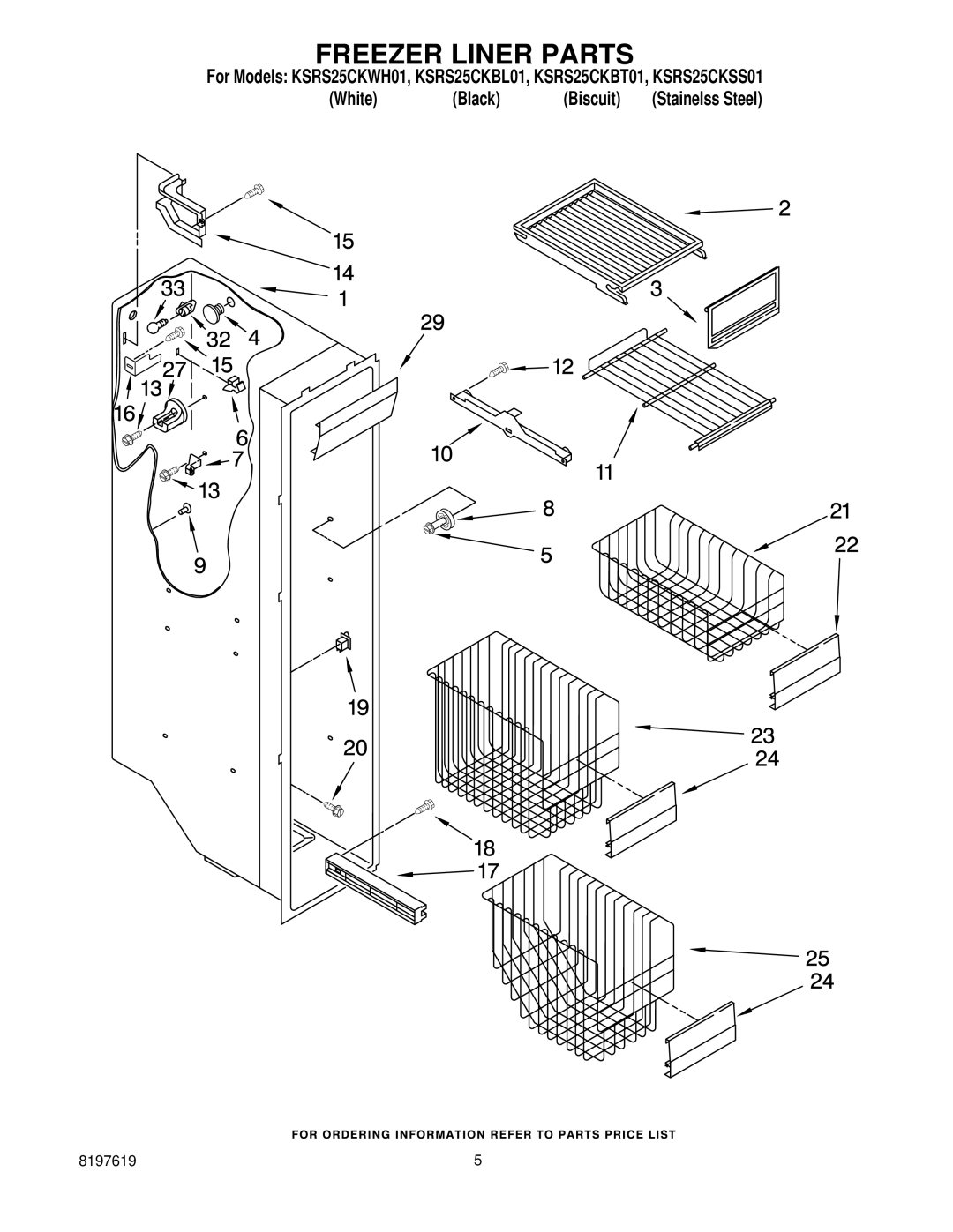 KitchenAid KSRS25CKSS01, KSRS25CKBT01, KSRS25CKBL01, KSRS25CKWH01 manual Freezer Liner Parts 