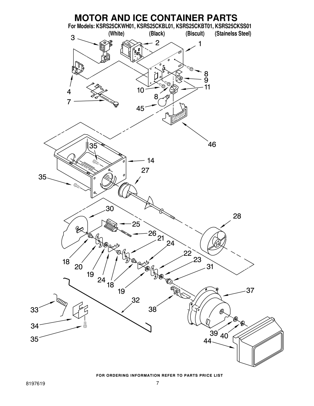 KitchenAid KSRS25CKWH01, KSRS25CKBT01, KSRS25CKSS01, KSRS25CKBL01 manual Motor and ICE Container Parts 