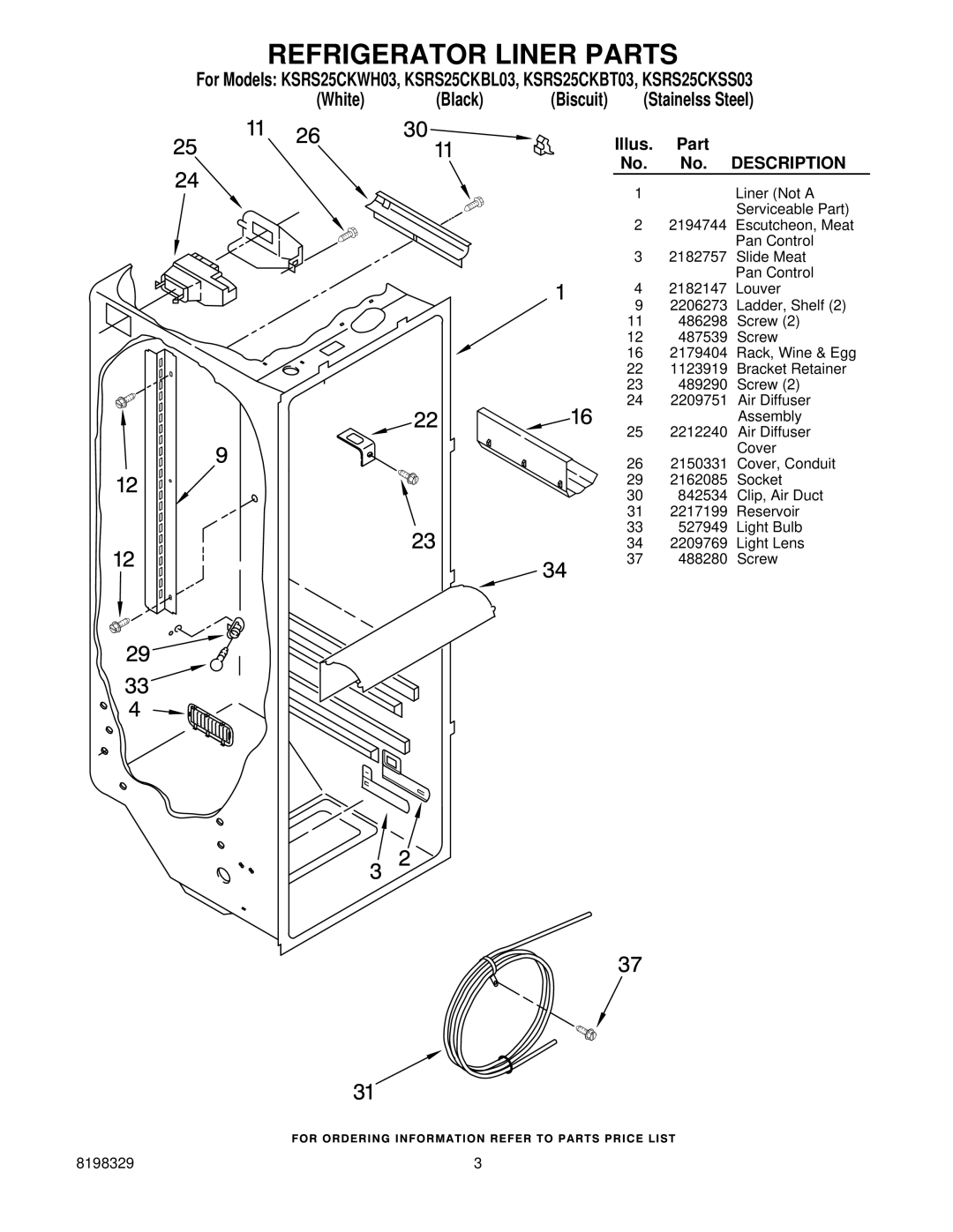 KitchenAid KSRS25CKWH03, KSRS25CKBT03, KSRS25CKSS03, KSRS25CKBL03 manual Refrigerator Liner Parts, Description 