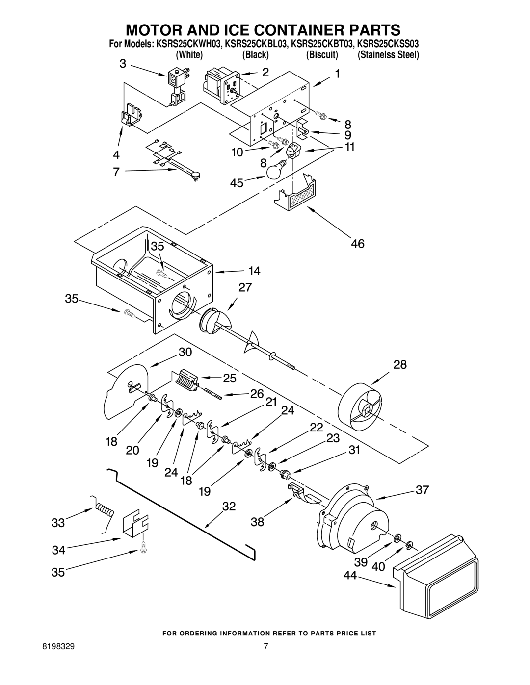 KitchenAid KSRS25CKWH03, KSRS25CKBT03, KSRS25CKSS03, KSRS25CKBL03 manual Motor and ICE Container Parts 