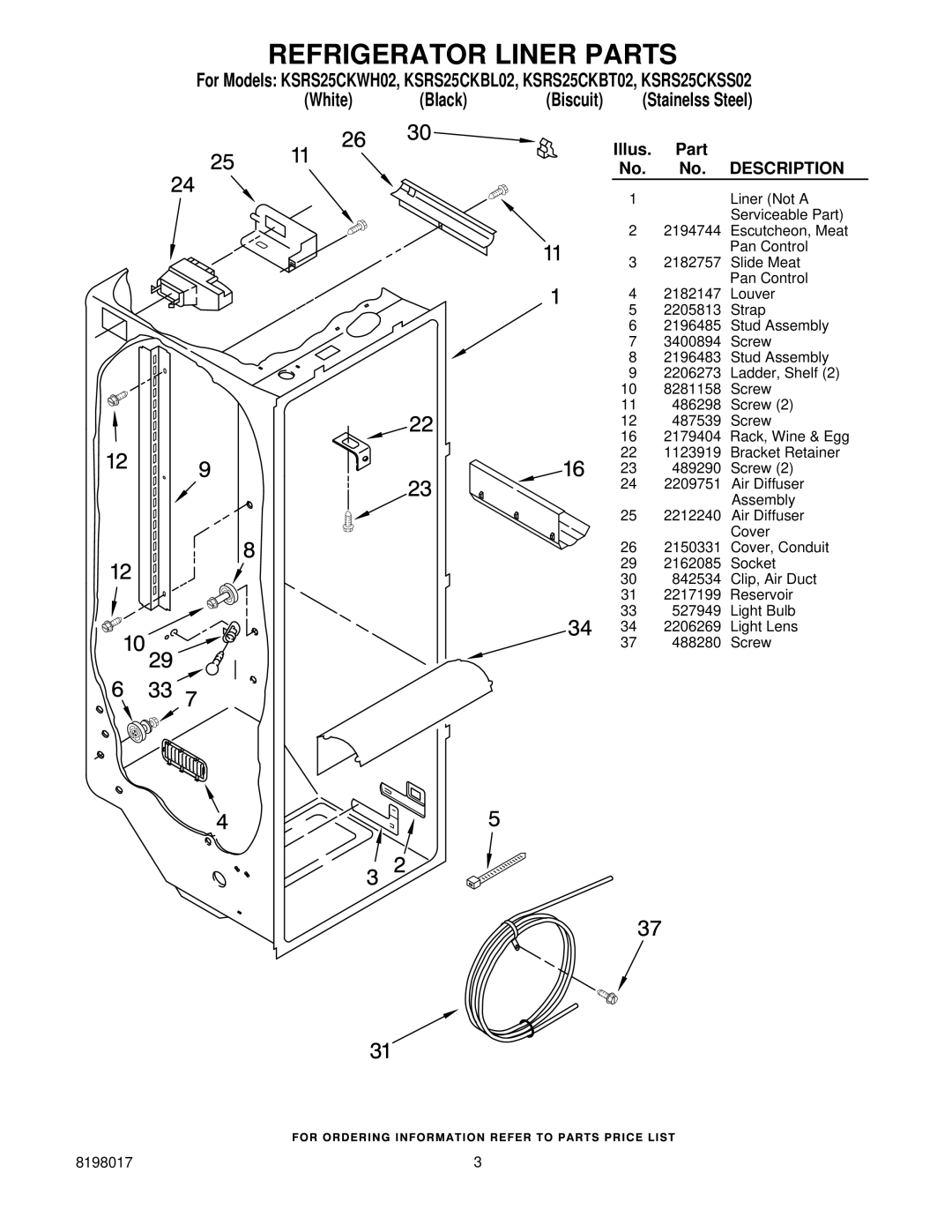 KitchenAid KSRS25CKBL02, KSRS25CKWH02, KSRS25CKSS02, KSRS25CKBT02 manual Refrigerator Liner Parts, Description 