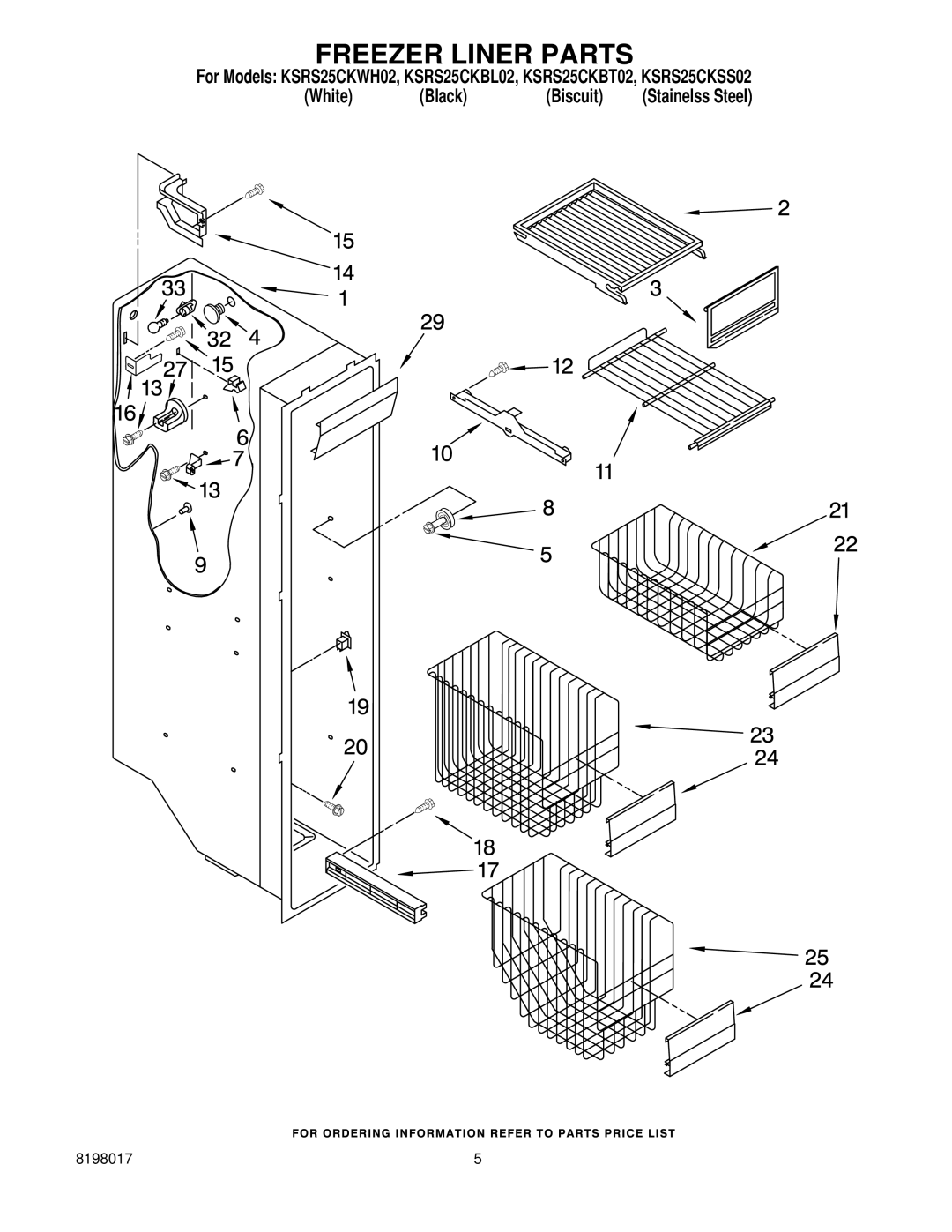 KitchenAid KSRS25CKSS02, KSRS25CKWH02, KSRS25CKBT02, KSRS25CKBL02 manual Freezer Liner Parts 