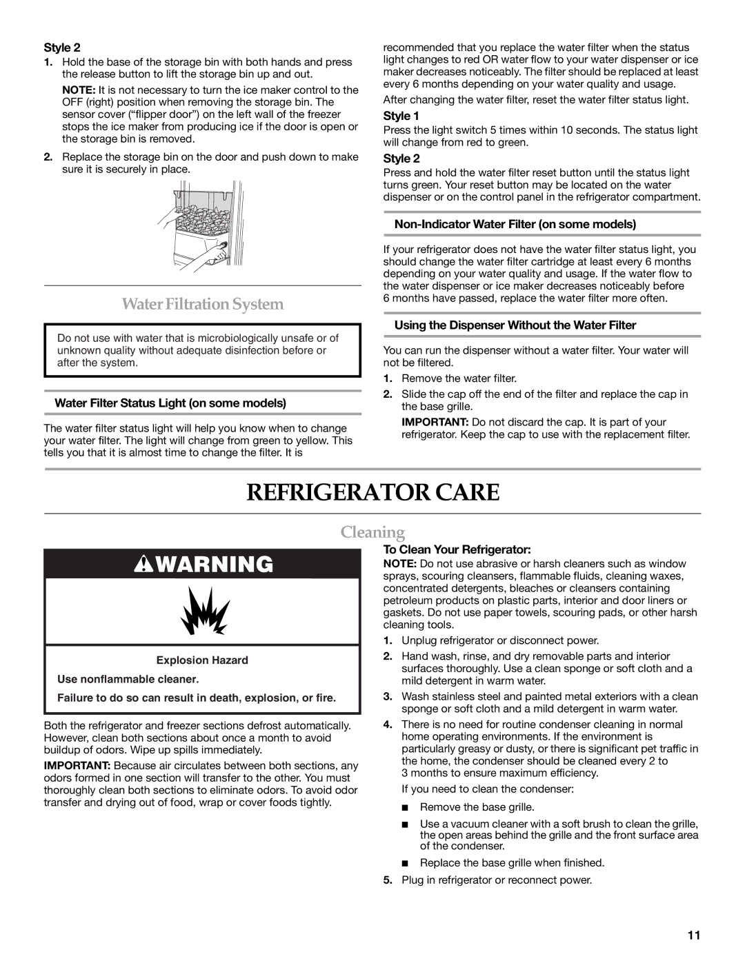 KitchenAid KSRS25CNBL installation instructions Refrigerator Care, Water Filtration System, Cleaning 