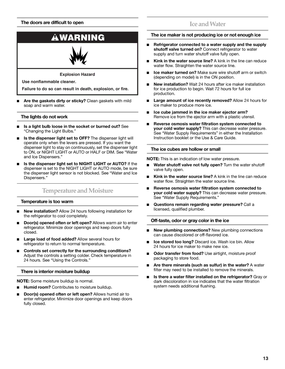 KitchenAid KSRS25CNBL installation instructions Temperature and Moisture, Ice and Water 