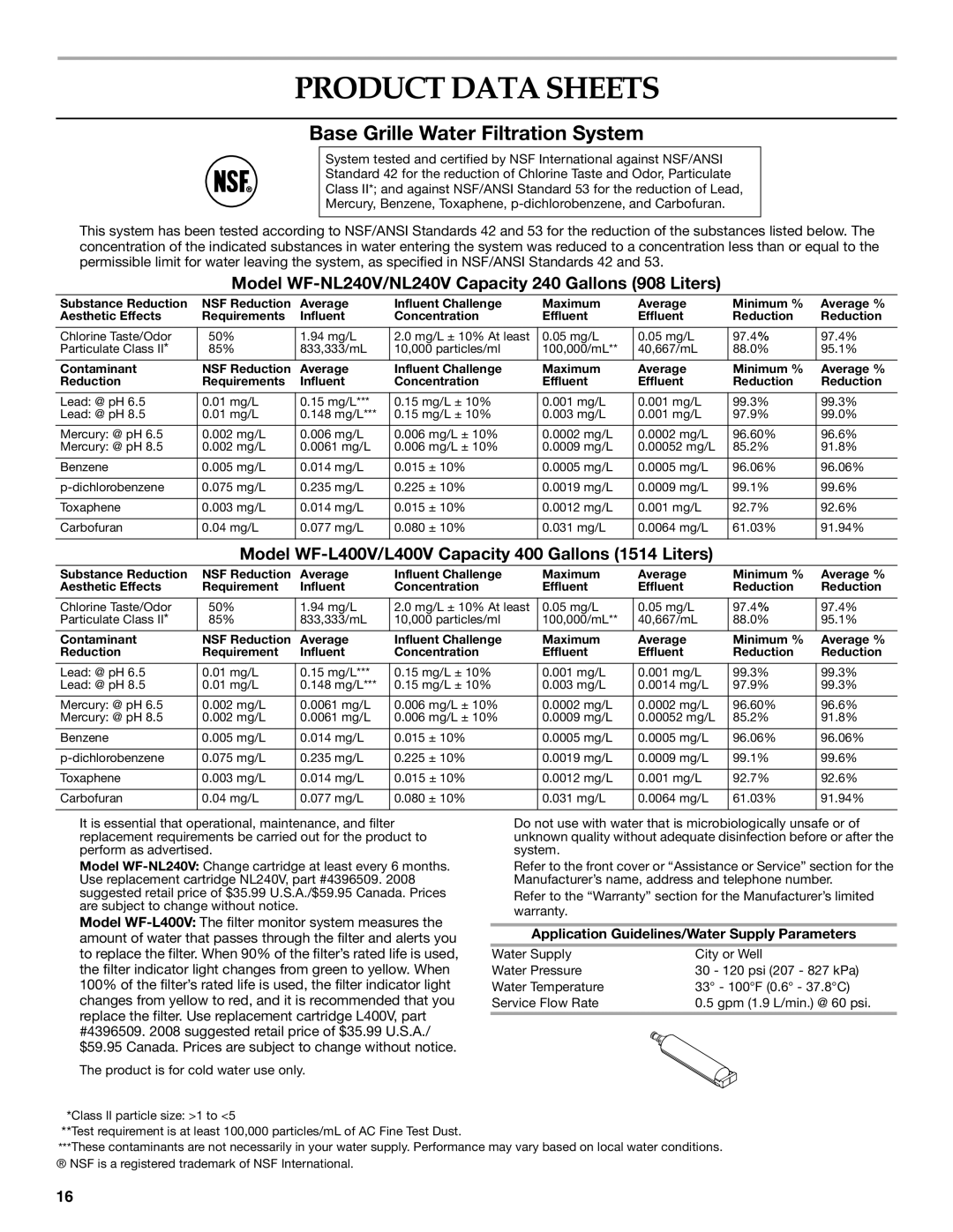 KitchenAid KSRS25CNBL installation instructions Product Data Sheets, Application Guidelines/Water Supply Parameters 