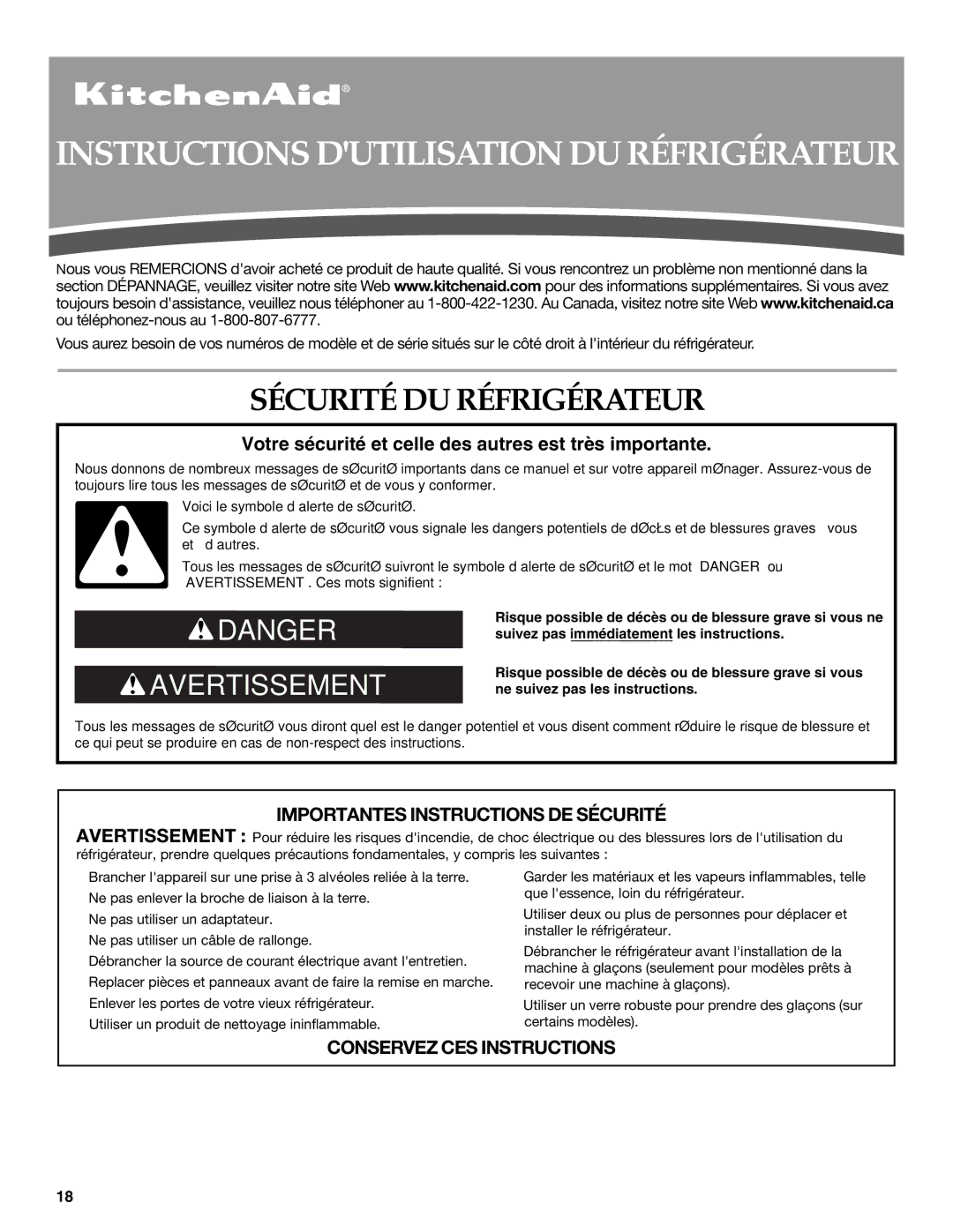 KitchenAid KSRS25CNBL installation instructions Instructions Dutilisation DU Réfrigérateur, Sécurité DU Réfrigérateur 