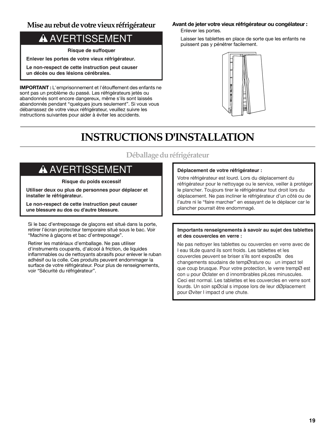 KitchenAid KSRS25CNBL installation instructions Instructions Dinstallation, Déballage du réfrigérateur 