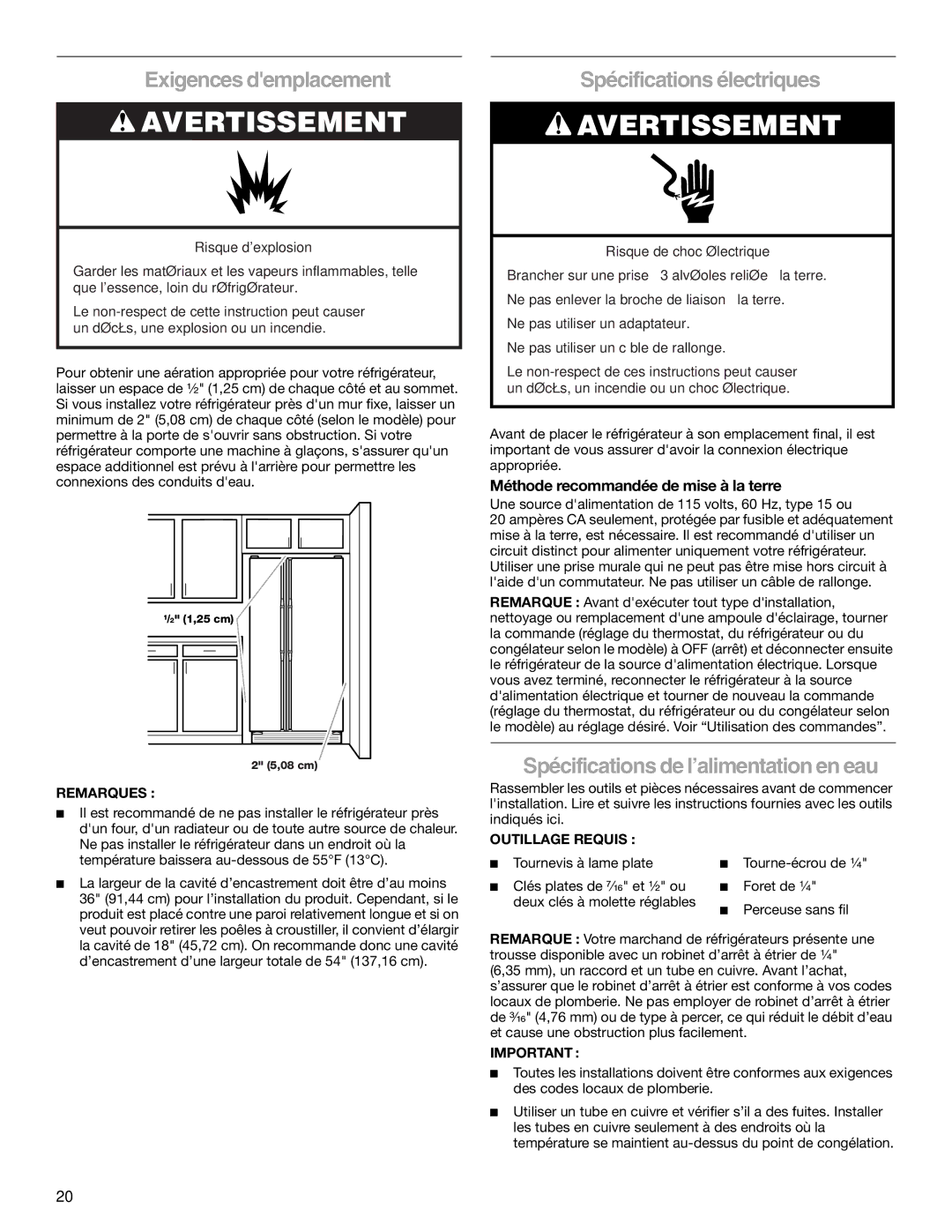 KitchenAid KSRS25CNBL Exigences demplacement, Spécifications électriques, Spécifications de l’alimentation en eau 