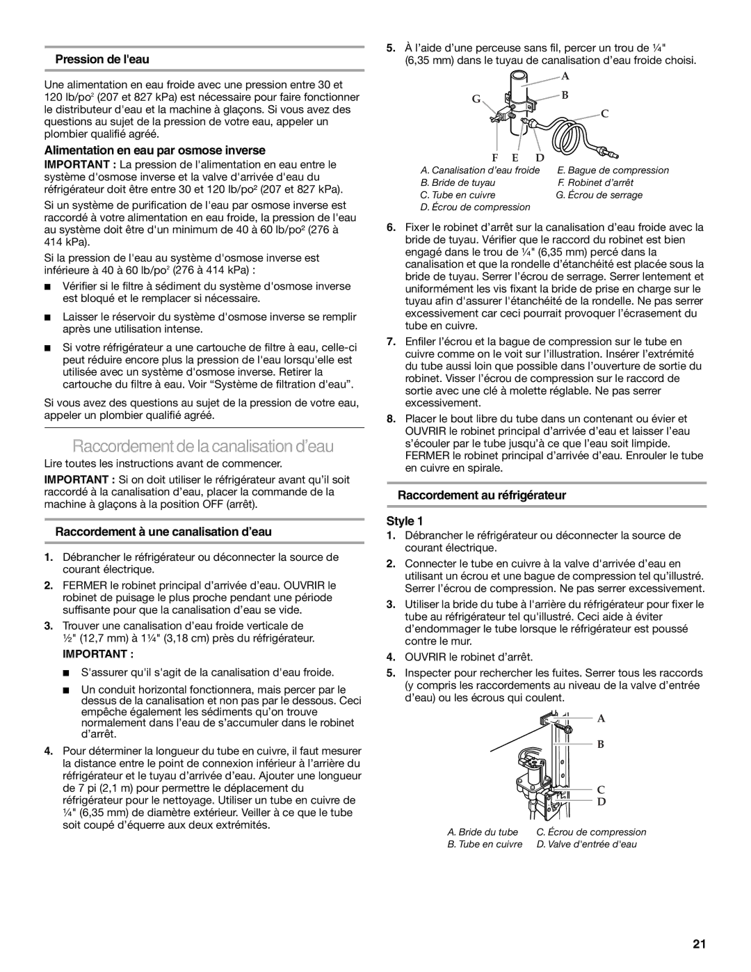 KitchenAid KSRS25CNBL Raccordement de la canalisation deau, Pression de leau, Alimentation en eau par osmose inverse 