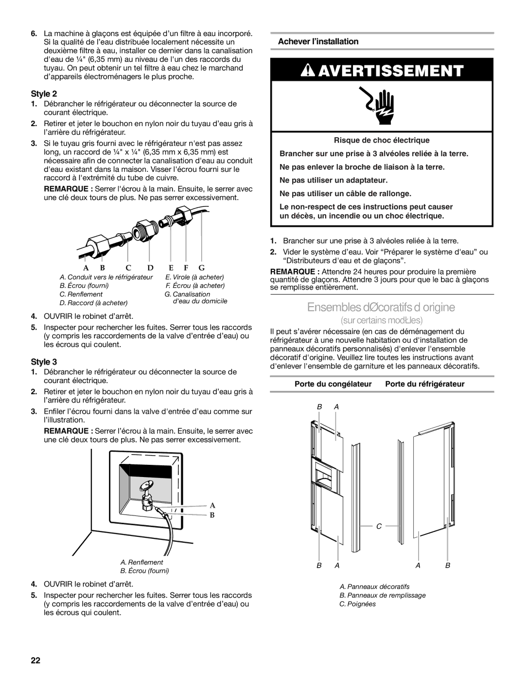 KitchenAid KSRS25CNBL Ensembles décoratifs d’origine, Achever l’installation, Porte du congélateur Porte du réfrigérateur 