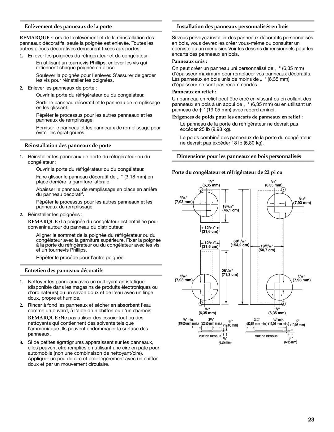 KitchenAid KSRS25CNBL installation instructions Enlèvement des panneaux de la porte, Réinstallation des panneaux de porte 