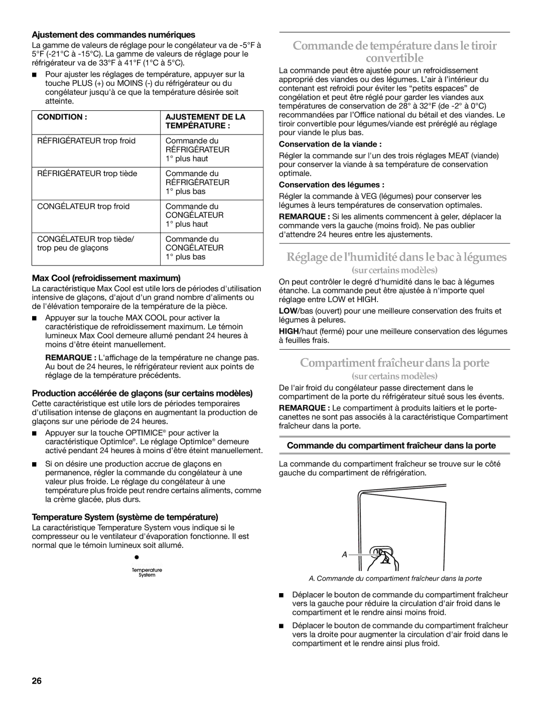 KitchenAid KSRS25CNBL Commande de température dans le tiroir Convertible, Réglage de lhumidité dans le bac à légumes 