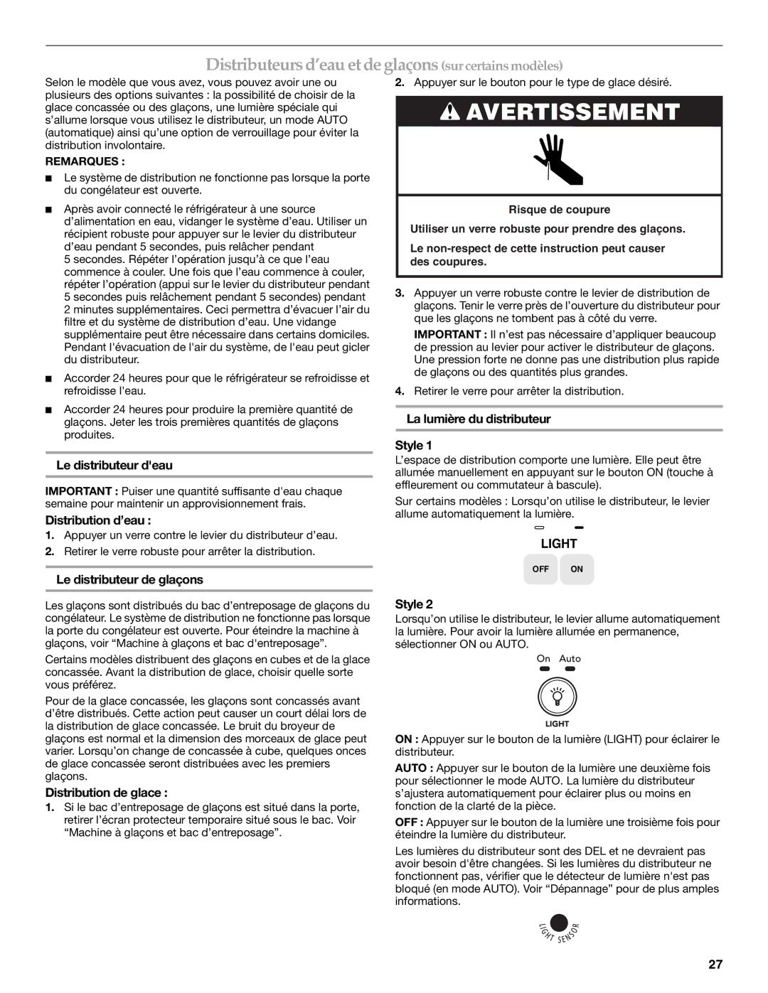 KitchenAid KSRS25CNBL installation instructions Distributeurs d’eau et de glaçons sur certains modèles 