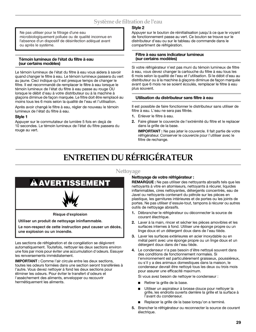 KitchenAid KSRS25CNBL installation instructions Entretien DU Réfrigérateur, Système de filtration de leau, Nettoyage 