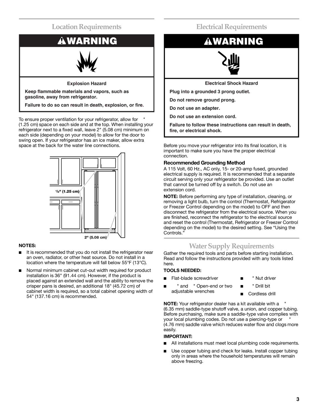 KitchenAid KSRS25CNBL Location Requirements, Electrical Requirements, Water Supply Requirements, Tools Needed 