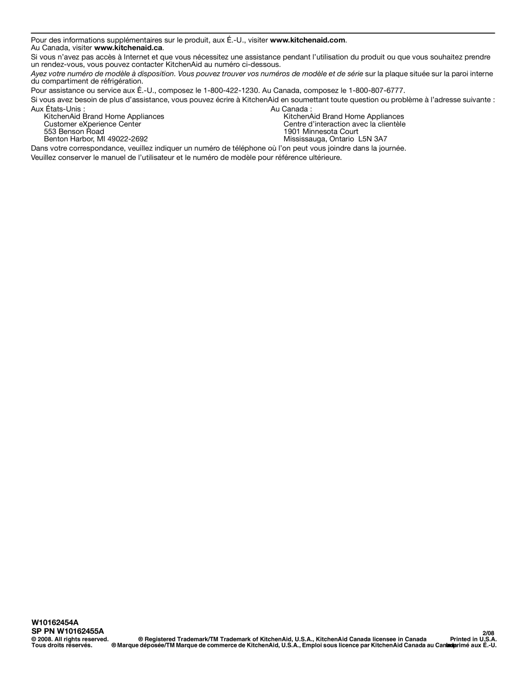 KitchenAid KSRS25CNBL installation instructions Benson Road Benton Harbor, MI Au Canada, W10162454A SP PN W10162455A 