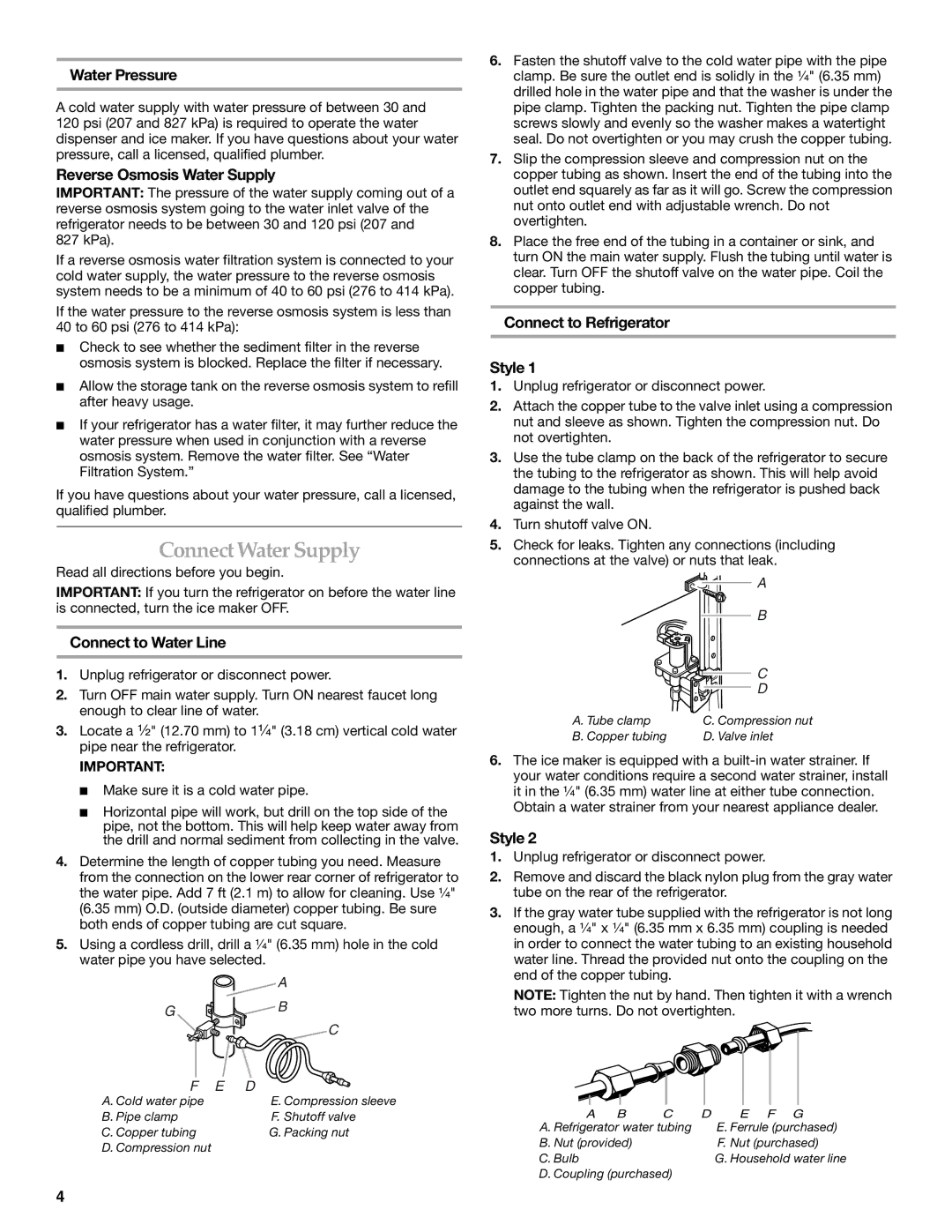 KitchenAid KSRS25CNBL Connect Water Supply, Water Pressure, Reverse Osmosis Water Supply, Connect to Water Line 