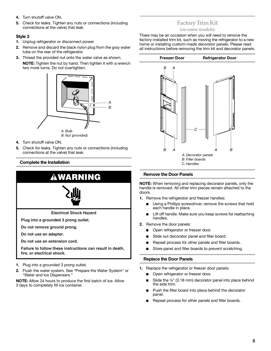 KitchenAid KSRS25CNBL Factory Trim Kit, Complete the Installation, Remove the Door Panels, Replace the Door Panels 