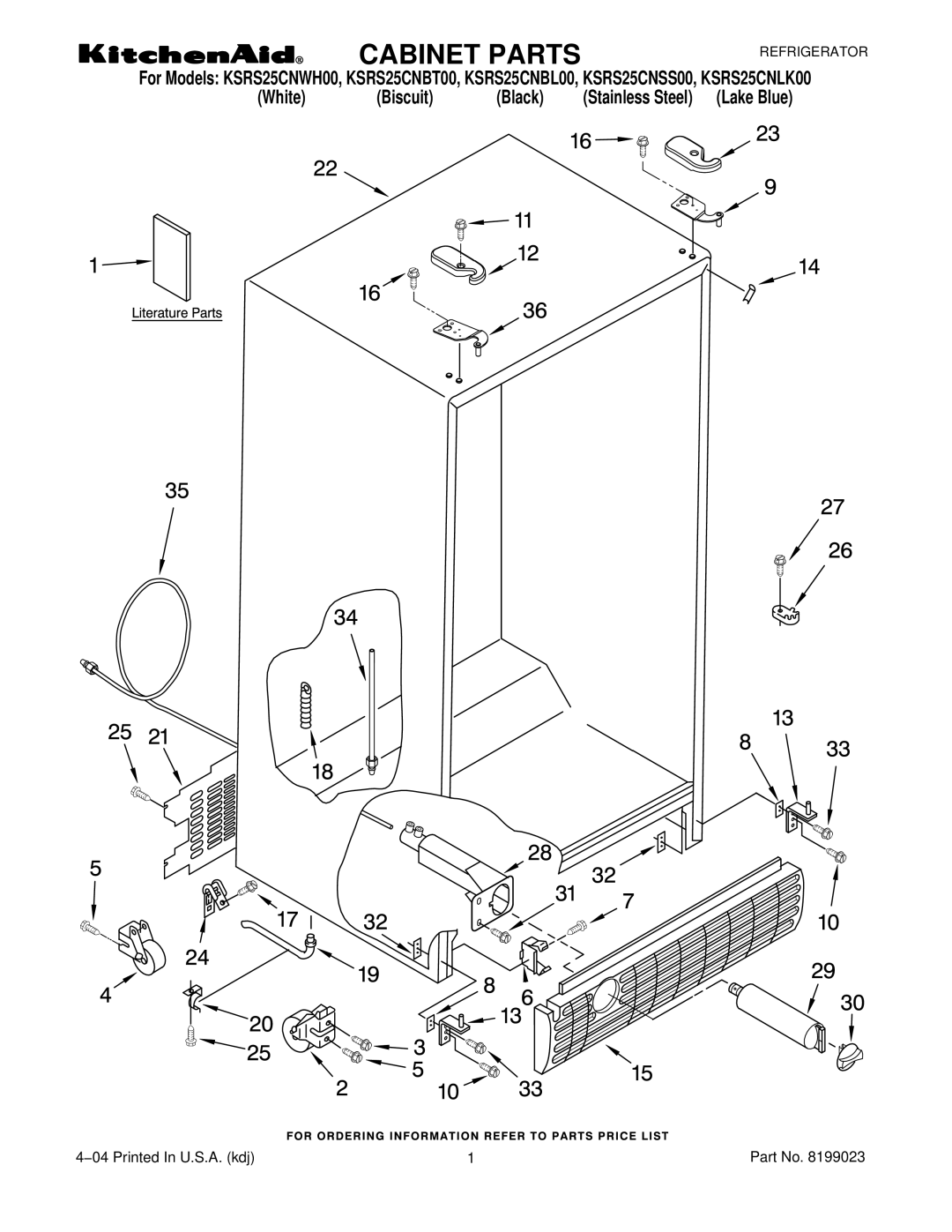 KitchenAid KSRS25CNLK00, KSRS25CNWH00, KSRS25CNBT00, KSRS25CNBL00, KSRS25CNSS00 manual Cabinet Parts 