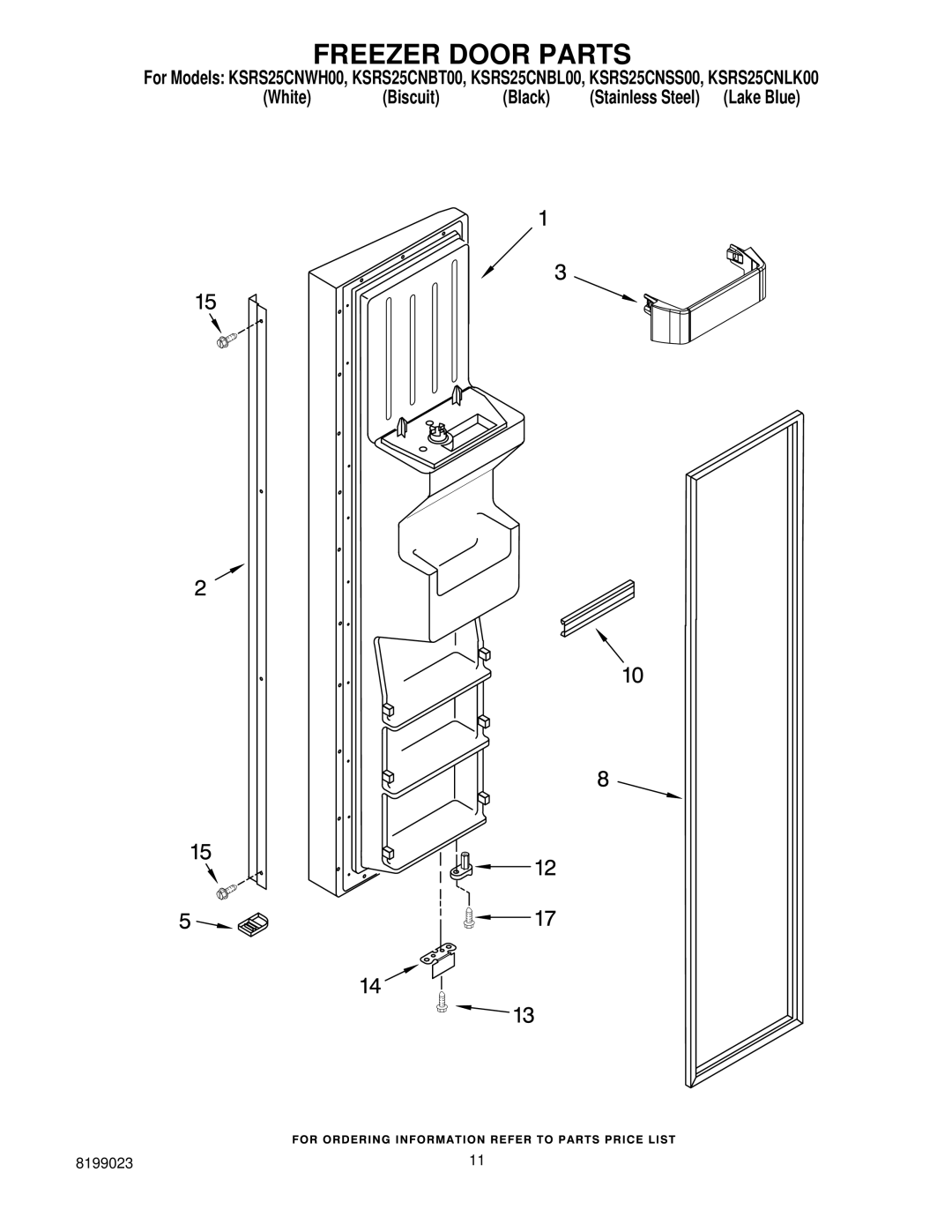 KitchenAid KSRS25CNLK00, KSRS25CNWH00, KSRS25CNBT00, KSRS25CNBL00, KSRS25CNSS00 manual Freezer Door Parts 