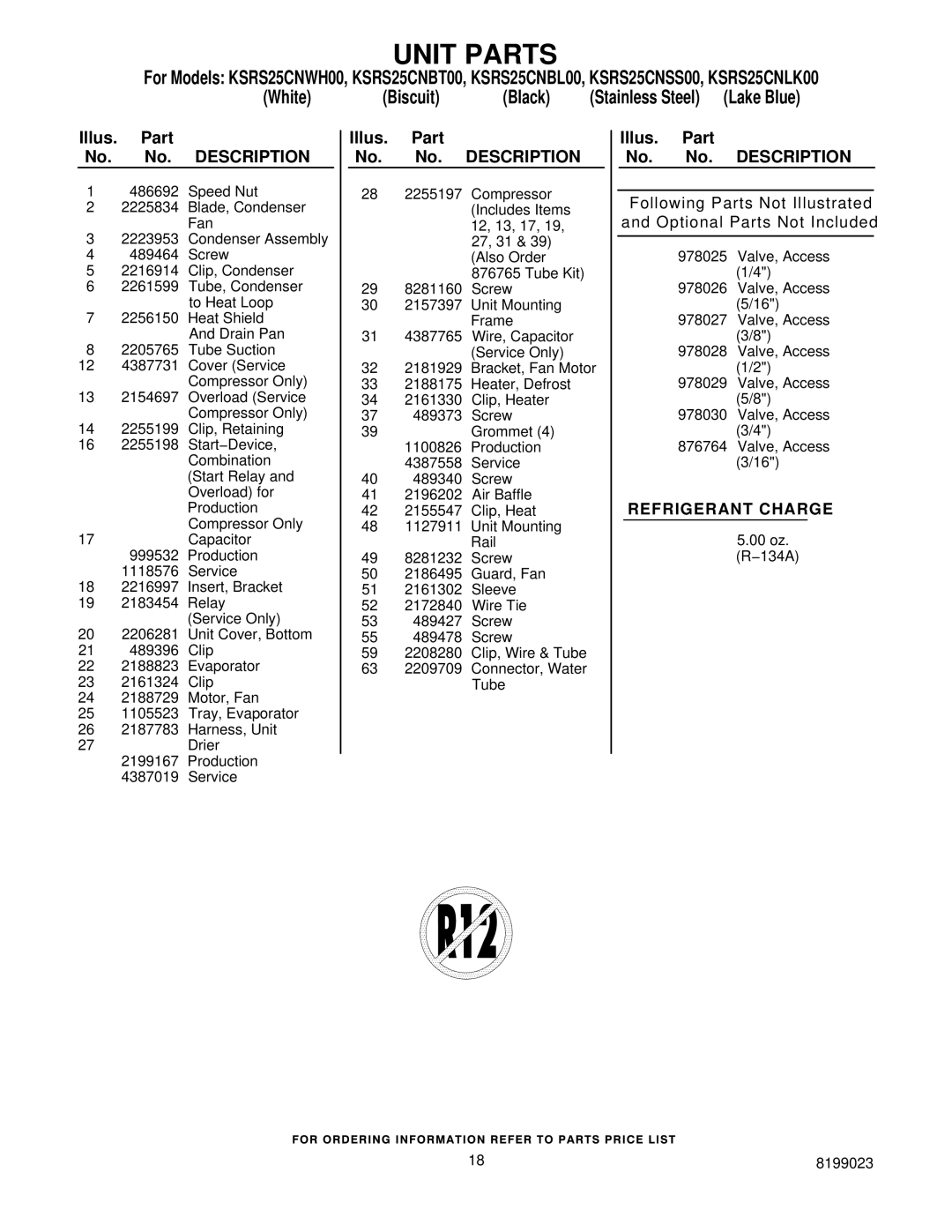 KitchenAid KSRS25CNBL00, KSRS25CNWH00, KSRS25CNLK00, KSRS25CNBT00, KSRS25CNSS00 manual Refrigerant Charge 